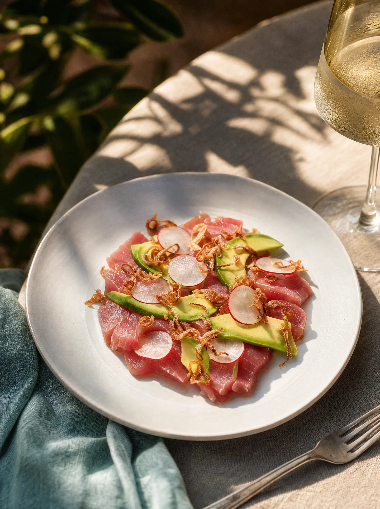 Tuna with avocado, radish and crispy shallots