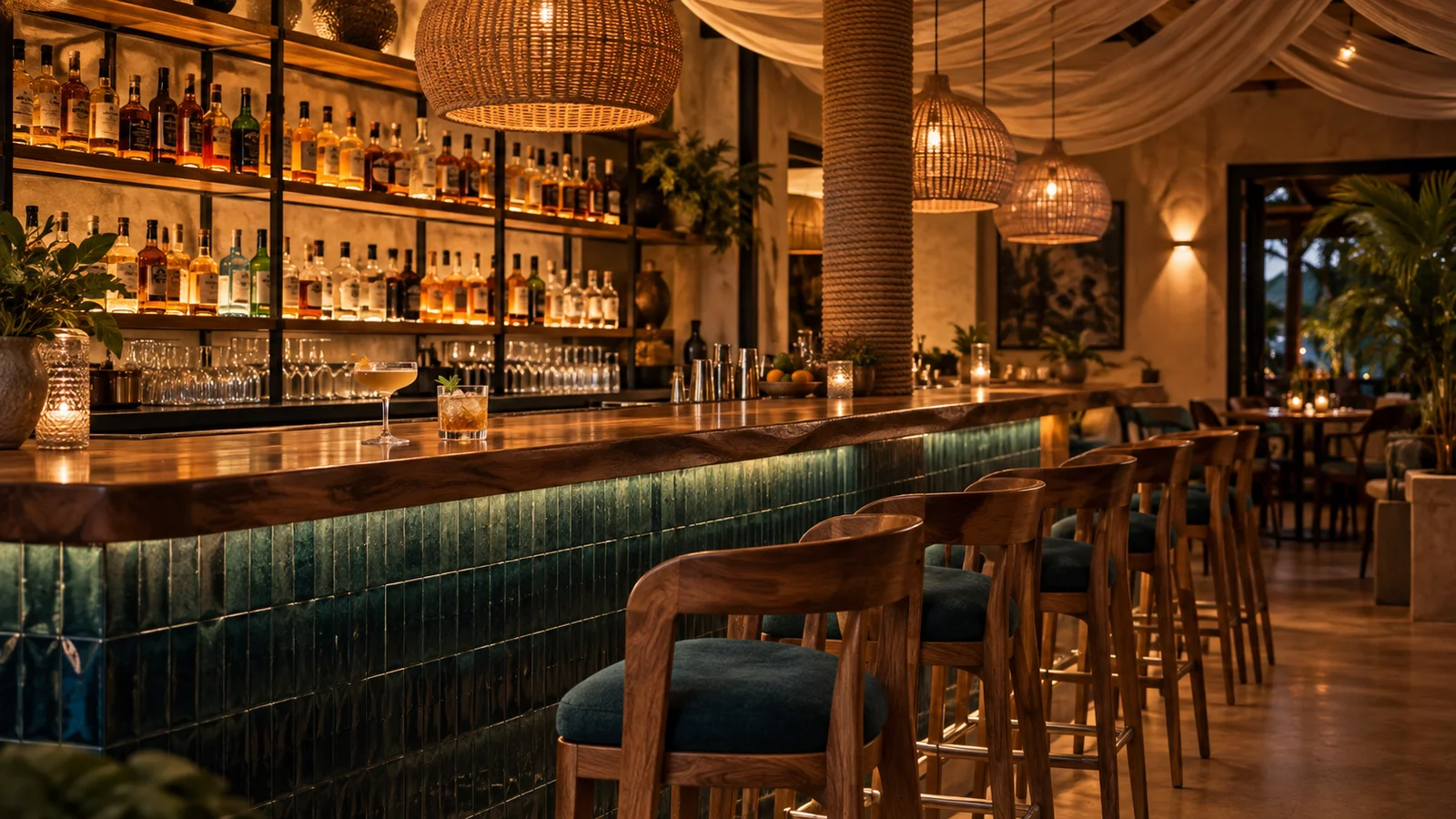 Bar in warm evening light, with amber-lit bottle shelves and a deep teal tiled counter